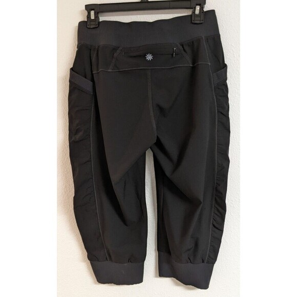 Wmn's ATHLETA Black Cropped Dance Studio Nylon Stretch Drawstring Waist Pants 2 - Picture 2 of 11